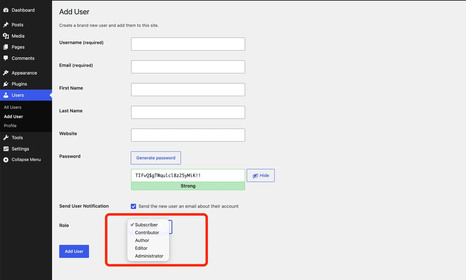 role dropdown menu on the Add New User screen showing all five options