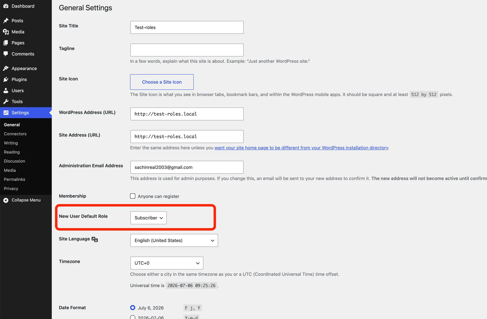 Settings → General showing the New User Default Role dropdown